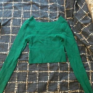 Green Long Sleeve Knit Square-Neck Top